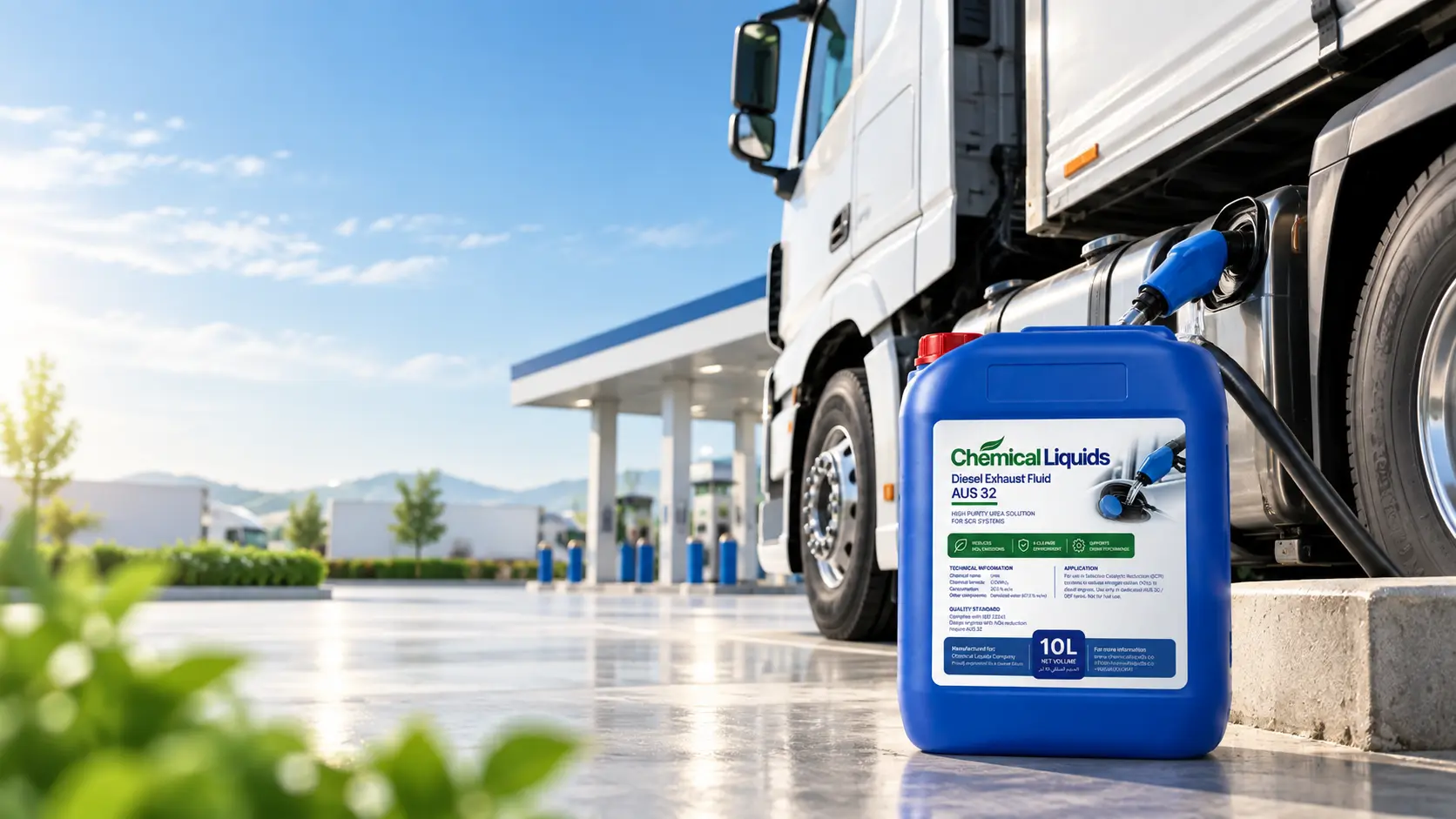 A Chemical Liquids AUS 32 jerrycan beside a truck at a fuel station